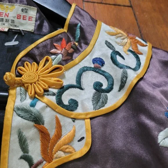 Vintage Silk Golden Bee Chinese Robe, sz S-L - Picture 6 of 16